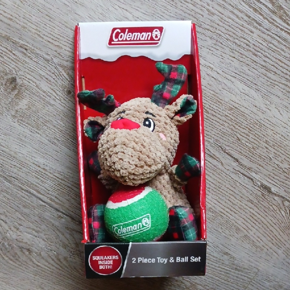 NWT Coleman 2 Piece Christmas Dog Toy Set - Reindeer & Ball